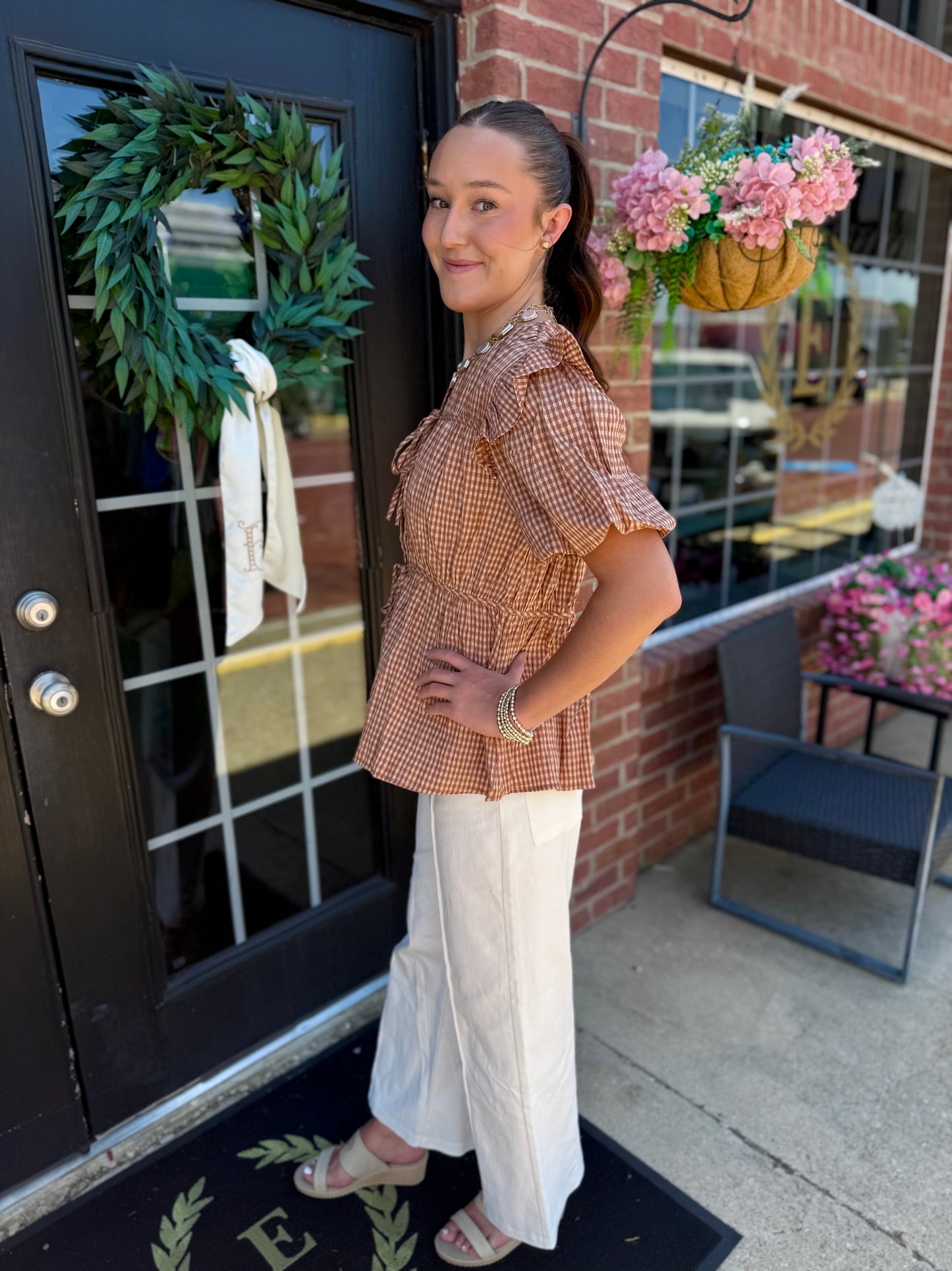 Brown Gingham Tie Blouse with tie detail, available in sizes XS-XL.