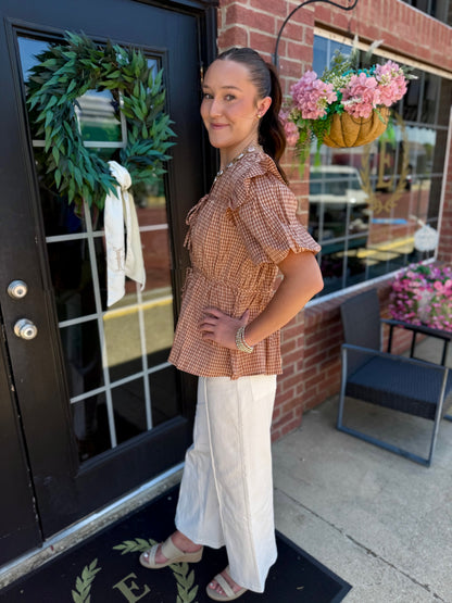 Brown Gingham Tie Blouse with tie detail, available in sizes XS-XL.