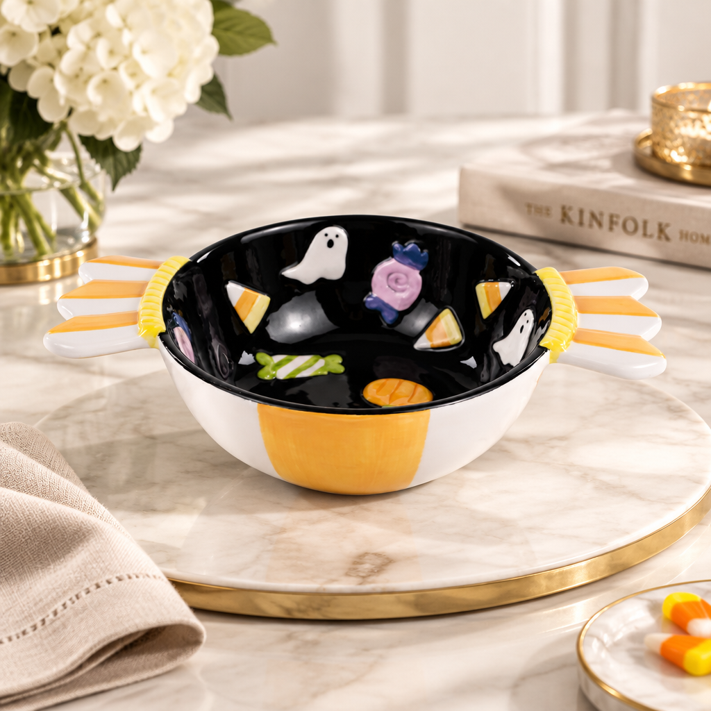 The Halloween Charm Tidbit Bowl is a hand-painted serving bowl with candy corn stripes and whimsical Halloween decorations inside, including playful ghosts and festive candies. Available in one size.