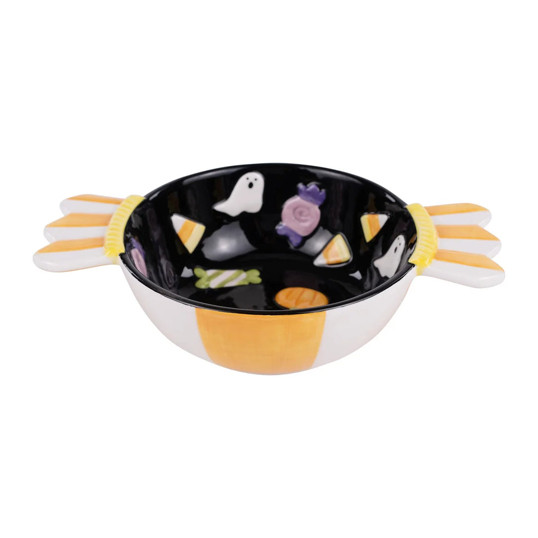 Candy-shaped Halloween Charm Tidbit Bowl with hand-painted ghosts, candy corn, and sweets on a black interior; orange and white exterior with wing-like handles. Sizes available: [not specified].