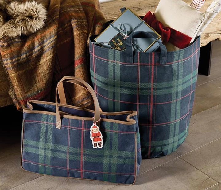 Large Plaid Canvas Tote in rectangular and cylindrical shapes, featuring a green, red, and blue plaid pattern.