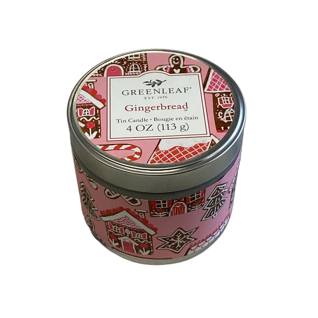 4oz Gingerbread candle in a metal tin with a pink label.