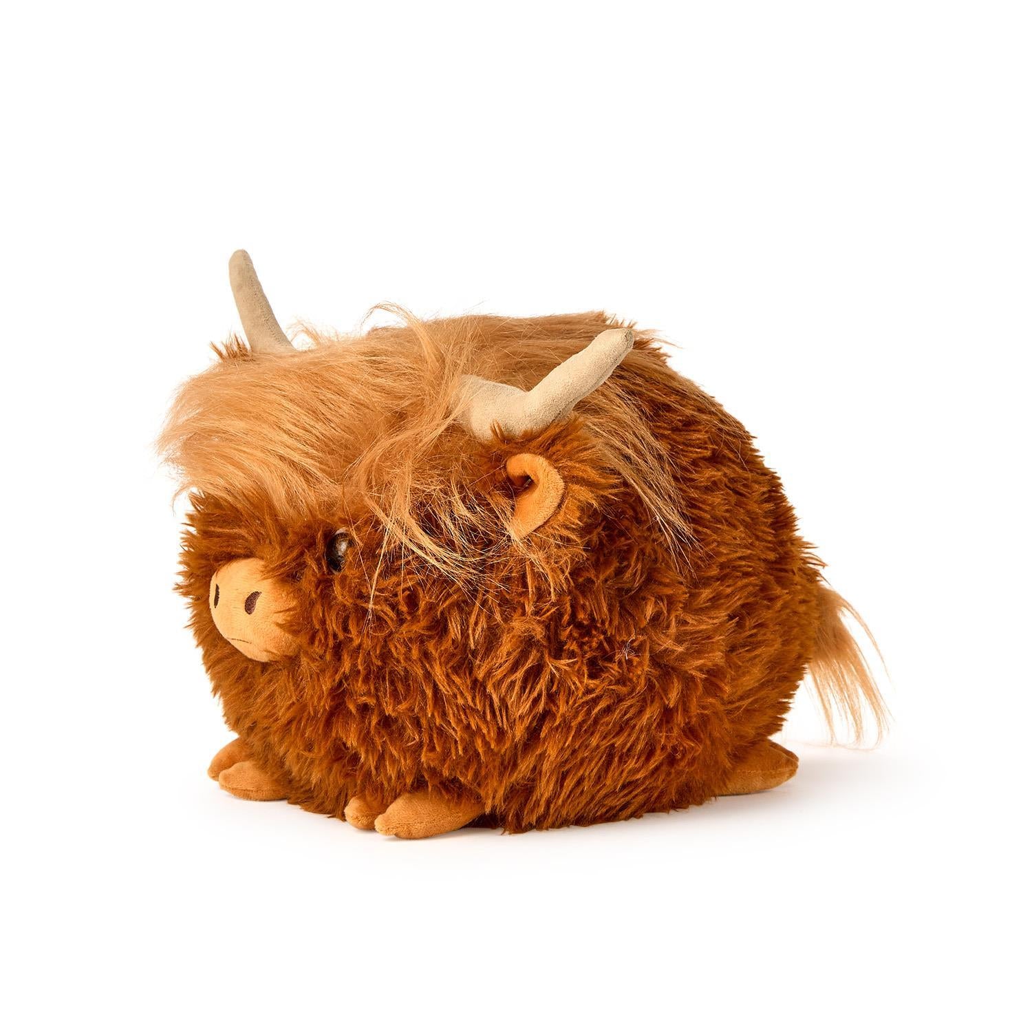 Round, fluffy plush Highland Cow with shaggy brown fur, tan horns, and tuft of hair. Available in small, medium, and large sizes.