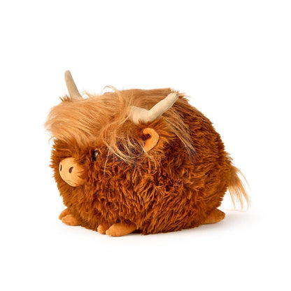 Round, fluffy plush Highland Cow with shaggy brown fur, tan horns, and tuft of hair. Available in small, medium, and large sizes.