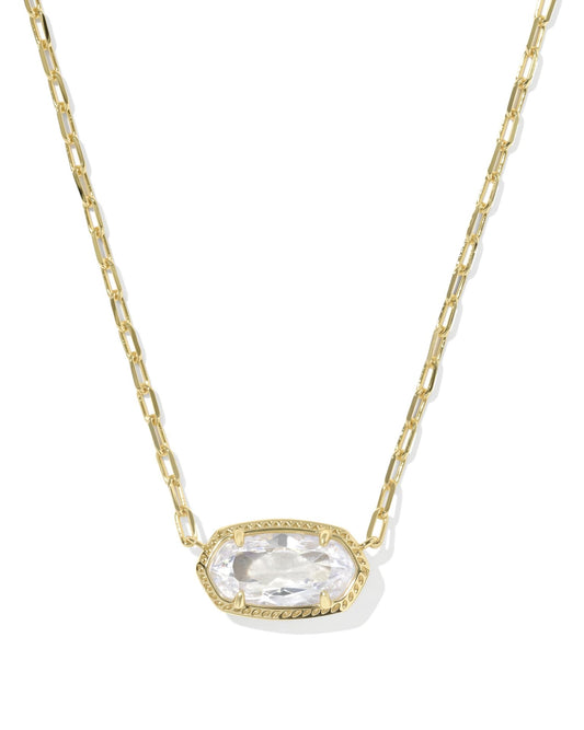 Gold paperclip chain with oval faceted clear stone pendant in geometric frame. Available in 16", 18", and 20" lengths.
