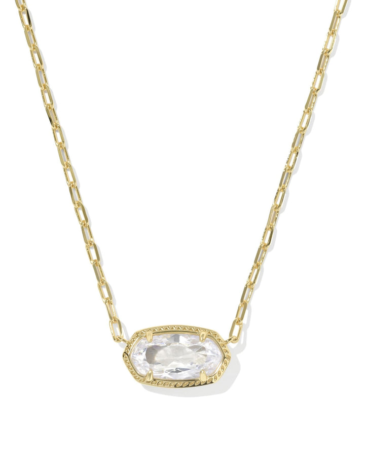 Gold paperclip chain with oval faceted clear stone pendant in geometric frame. Available in 16", 18", and 20" lengths.