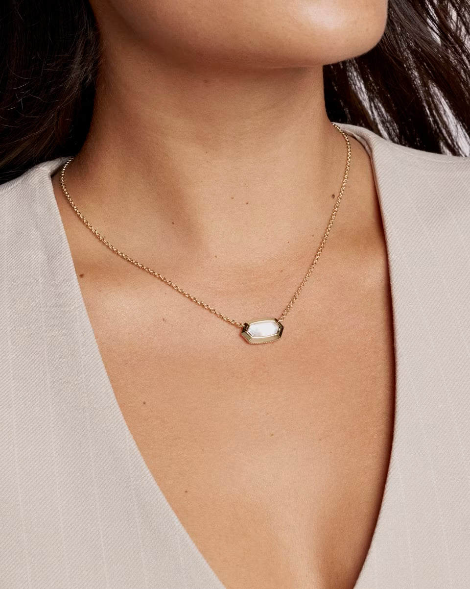 Elisa Bezel Pendant Necklace: gold chain, rectangular ivory mother of pearl pendant. Available in 15"–17" lengths.