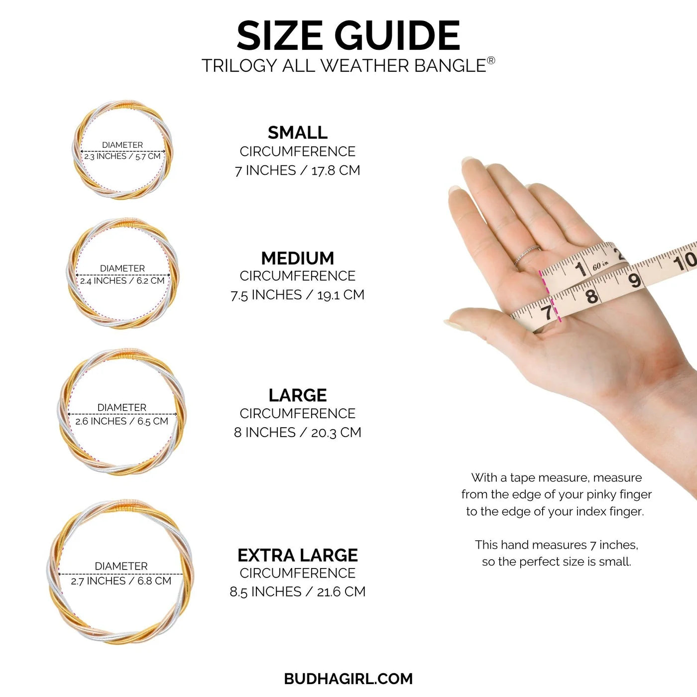 Trilogy All Weather Bangles in gold, silver, or champagne shown with sizes small, medium, large, and extra large; diameters and circumferences for each size are displayed to guide selection.