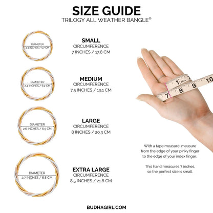 Trilogy All Weather Bangles in gold, silver, or champagne shown with sizes small, medium, large, and extra large; diameters and circumferences for each size are displayed to guide selection.