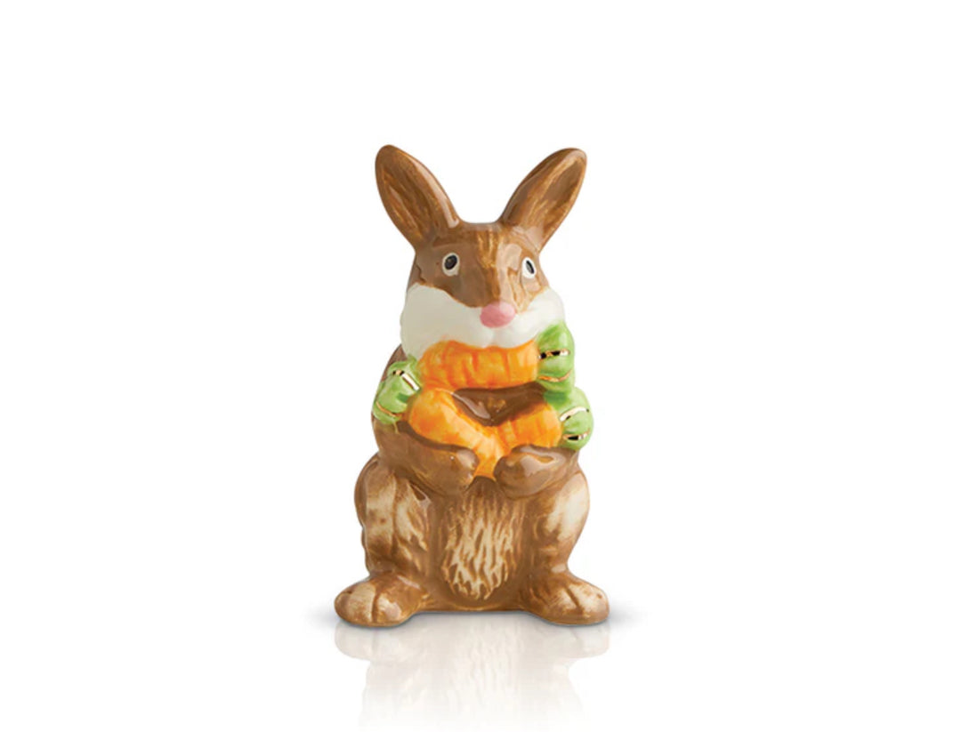 Ceramic figurine of a brown rabbit with a white nose and chest, holding an orange ring with two small green birds. Sizes: standard mini size.