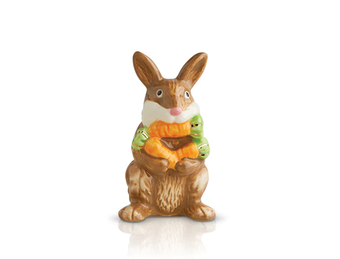 Ceramic figurine of a brown rabbit with a white nose and chest, holding an orange ring with two small green birds. Sizes: standard mini size.