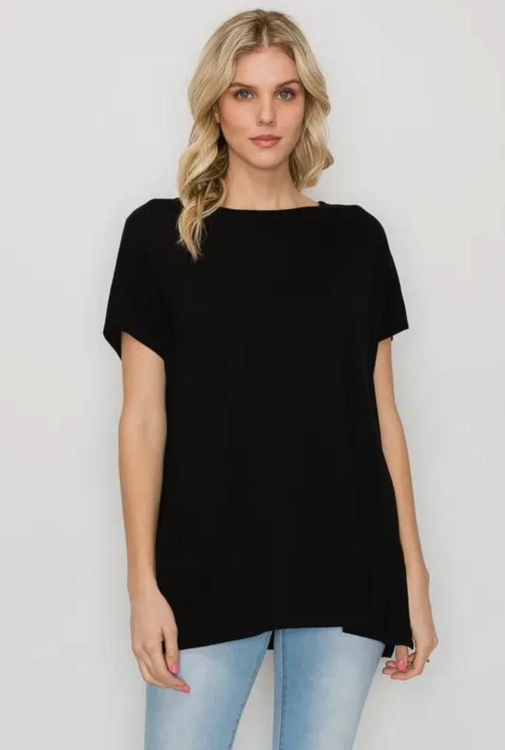 The Perfect Shirt: loose-fitting black rayon blend tunic. Available in sizes XS–XL.