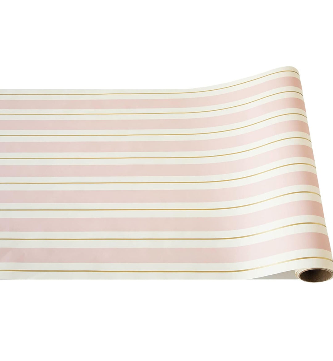 Pink &amp; Gold Awning Runner, 20’x25’, partially unrolled. Shows pink/white horizontal stripes with thin gold outlines.