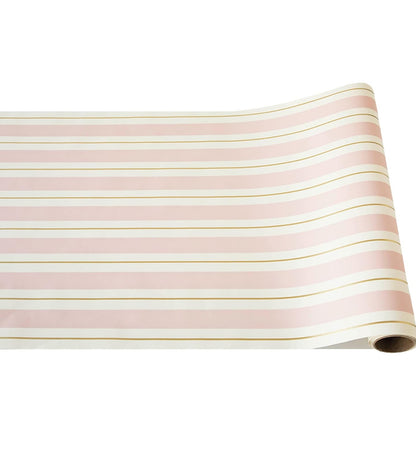 Pink & Gold Awning Runner, 20’x25’, partially unrolled. Shows pink/white horizontal stripes with thin gold outlines.