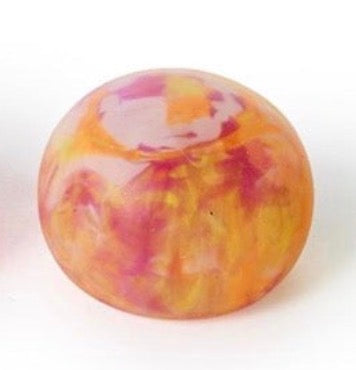Under Pressure Marbled Stress Ball: round, smooth, semi-transparent with swirled orange, yellow, and pink pattern. Available in small and large sizes.