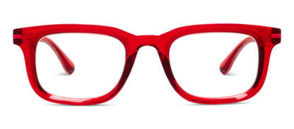 Rectangular eyeglasses with bold red frames, clear anti-reflective lenses. Available sizes: small, medium, large.