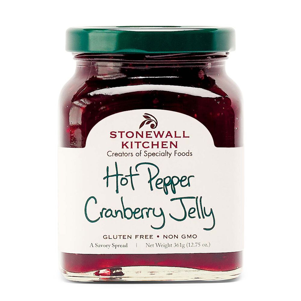 Hot Pepper Cranberry Jelly jar, green lid, white label, 361g (12.75 oz), Gluten Free, Non GMO.