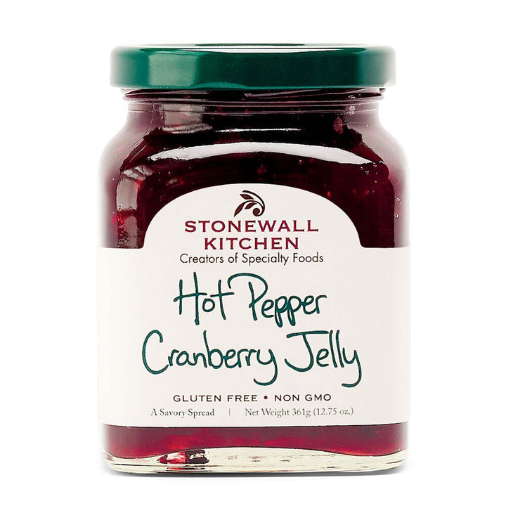 Hot Pepper Cranberry Jelly jar, green lid, white label, 361g (12.75 oz), Gluten Free, Non GMO.