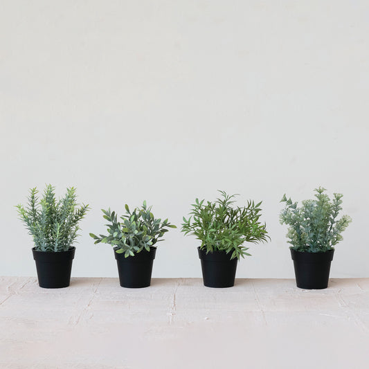 Set of four faux herbs in plastic pots, each with distinct green foliage. Available sizes: small, medium, large.