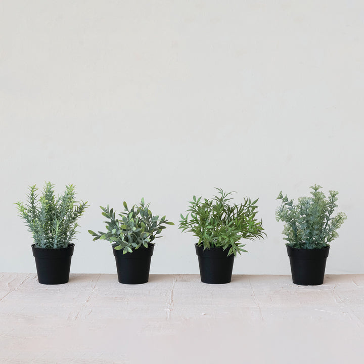 Set of four faux herbs in plastic pots, each with distinct green foliage. Available sizes: small, medium, large.
