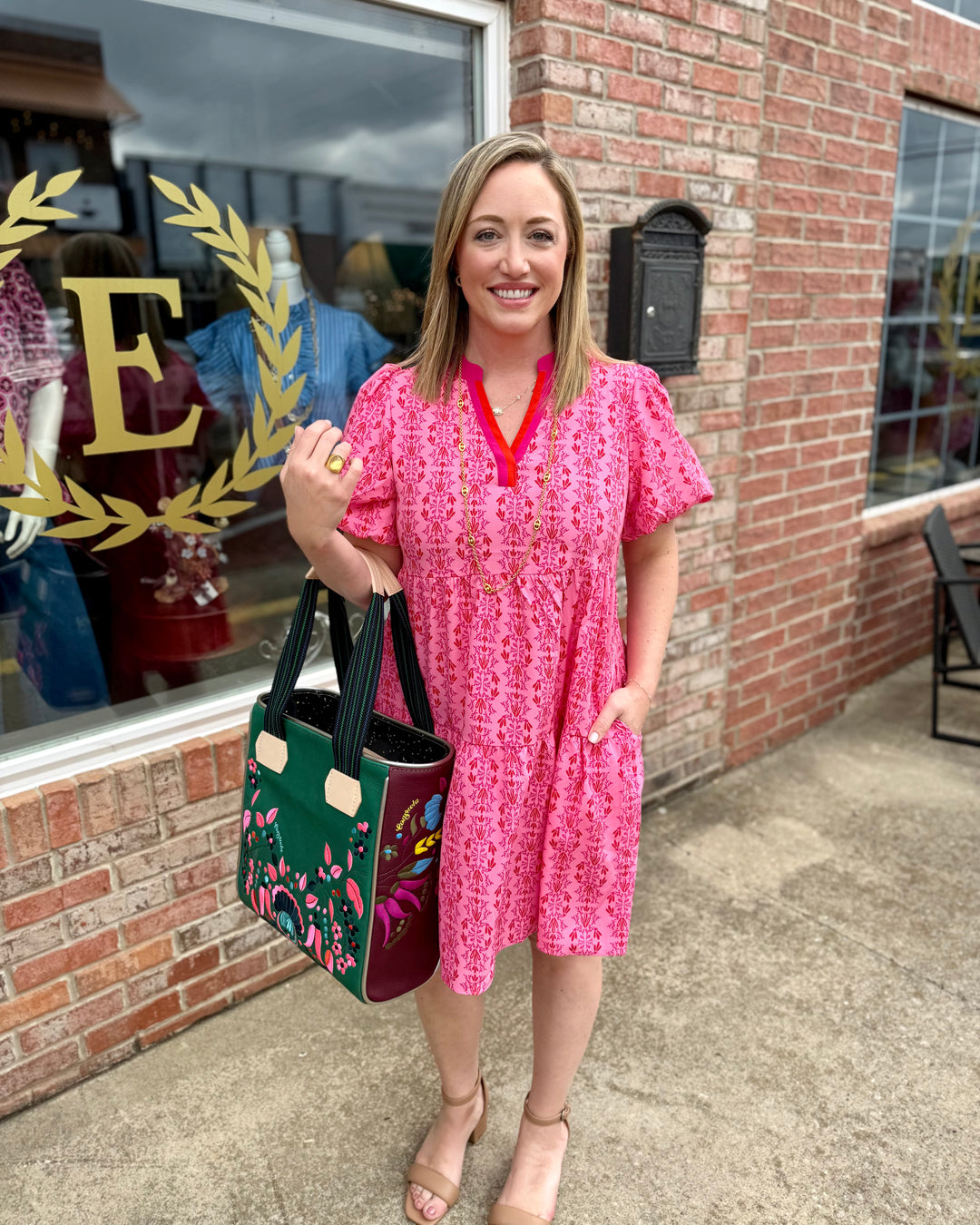 Kinsley Heirloom Vine Pink Dress with pockets; available in XS-XL.