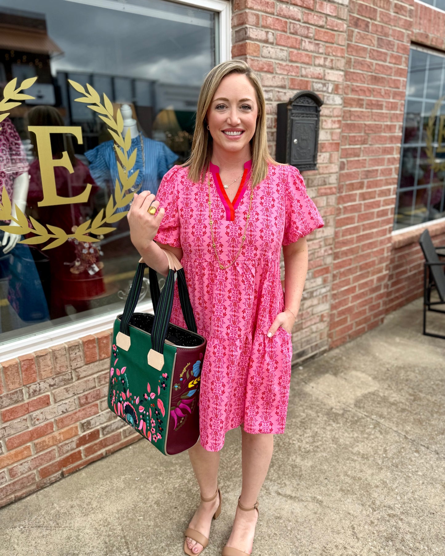 Kinsley Heirloom Vine Pink Dress with pockets; available in XS-XL.