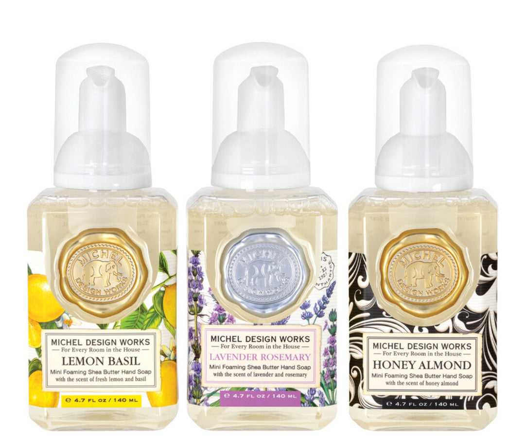 Mini Foaming Hand Soap Set: three 1.6 oz bottles—Lemon Basil, Lavender Rosemary, Honey Almond; enriched with shea butter and aloe.