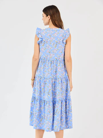 Kari Pretty Petals Dress: sleeveless, tiered midi with floral print, ruffled shoulders, pockets. Available in sizes XS-XL.