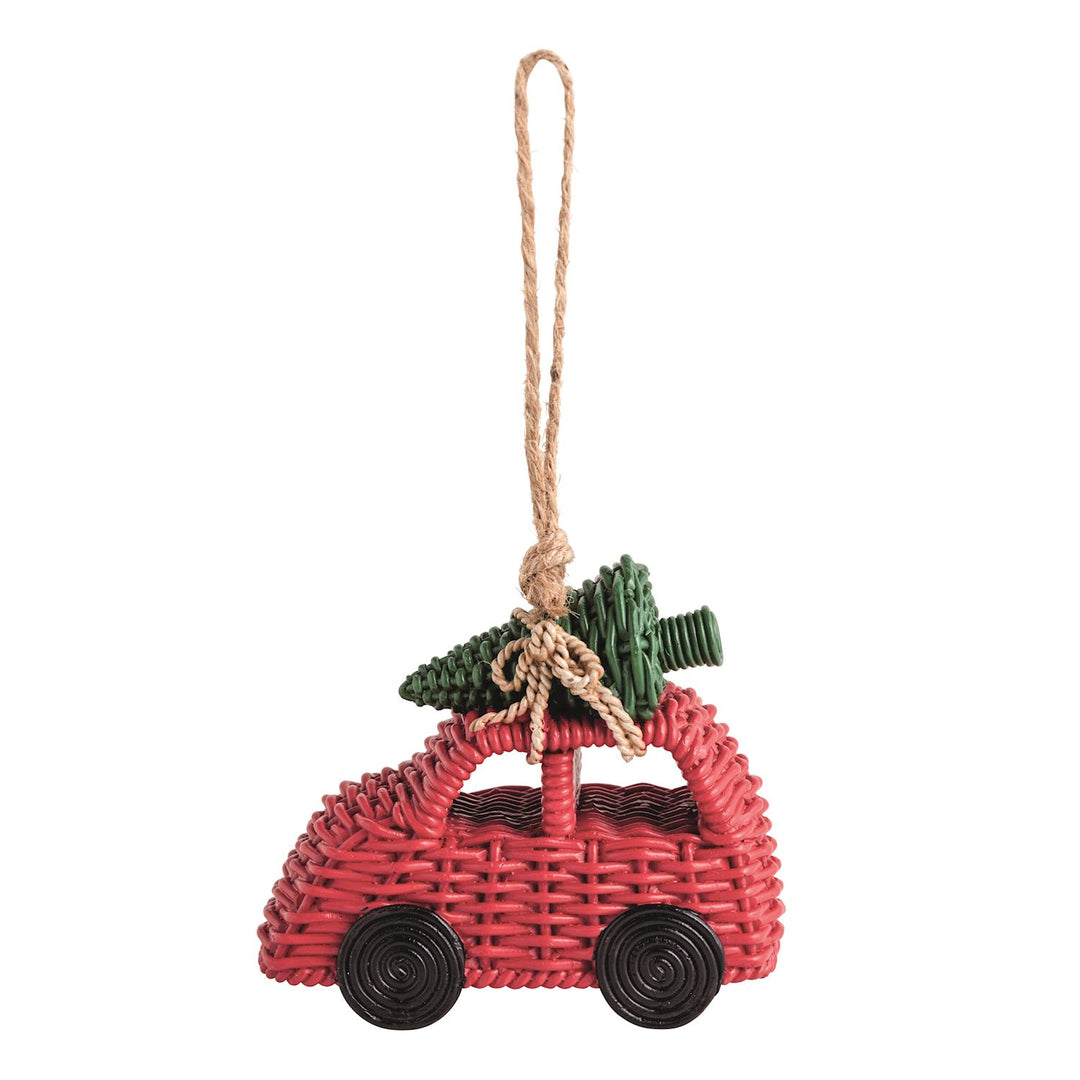 Red woven resin wicker car ornament with a green tree on the roof and jute hanging loop.