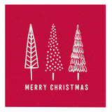 Red square Holiday Cocktail Napkins featuring three white line-art trees and “MERRY CHRISTMAS”.