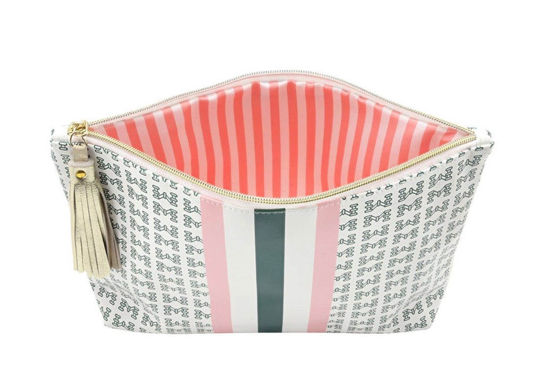 Mahjong Oil Cloth Pouch with a classic monogram pattern, vertical pink and green stripes, pink-and-white striped interior, zippered closure, and light tassel. Available sizes: small, medium, large.