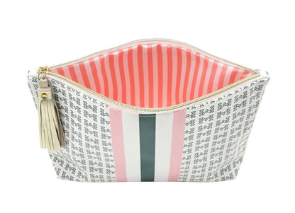 Mahjong Oil Cloth Pouch with a classic monogram pattern, vertical pink and green stripes, pink-and-white striped interior, zippered closure, and light tassel. Available sizes: small, medium, large.