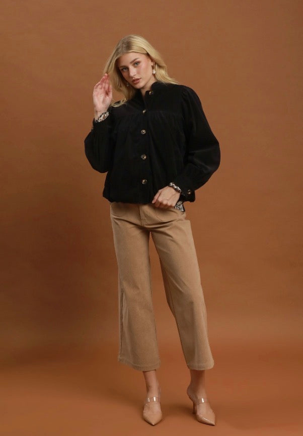 Black Corduroy Babydoll Jacket, available in sizes XS–XL.