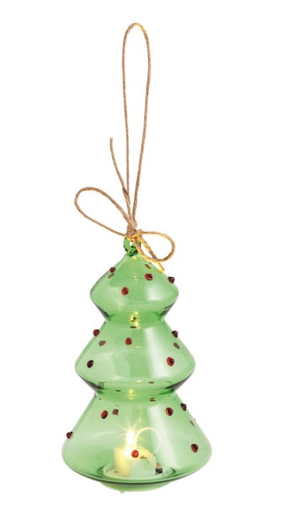 Green glass Christmas tree LED ornament with red dotted accents and twine loop.