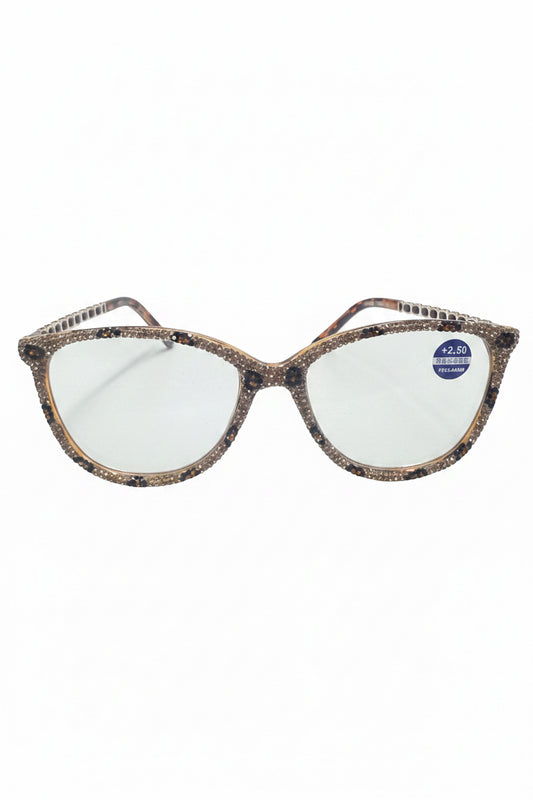 Cat-eye eyeglasses with brown/black speckled frames, rhinestone accents, clear lenses, +2.50 magnification. Sizes available.