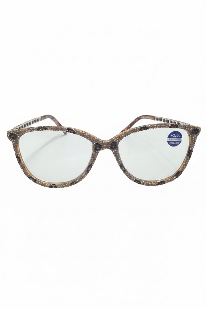 Cat-eye eyeglasses with brown/black speckled frames, rhinestone accents, clear lenses, +2.50 magnification. Sizes available.