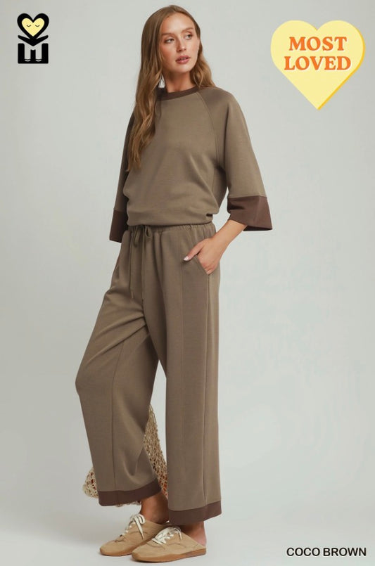 Coco Brown Colorblock Straight Pants in loose-fitting brown with darker brown cuffs and hem, wide-leg silhouette. Sizes available: XS-XL.