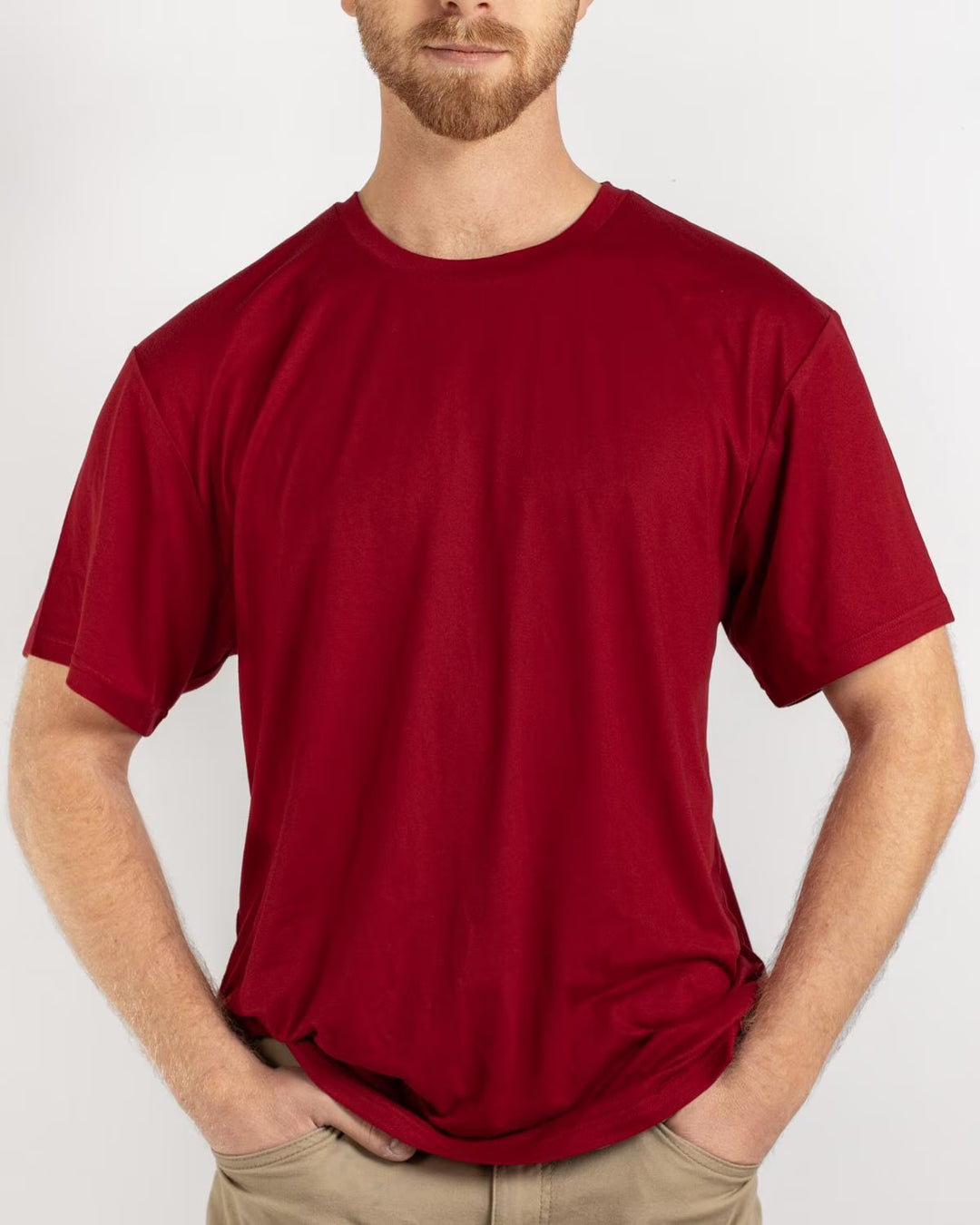 Dark red men’s crew neck short-sleeve T-shirt. Sizes available.