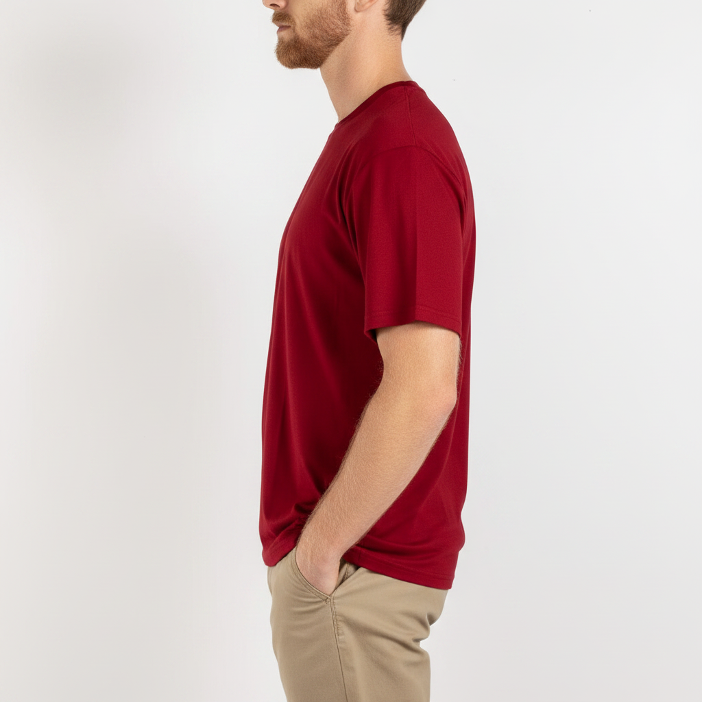 Dark red men’s crew neck T-shirt.