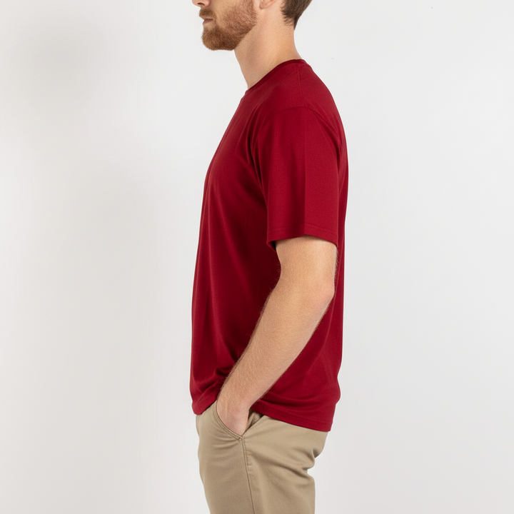Dark red men’s crew neck T-shirt.