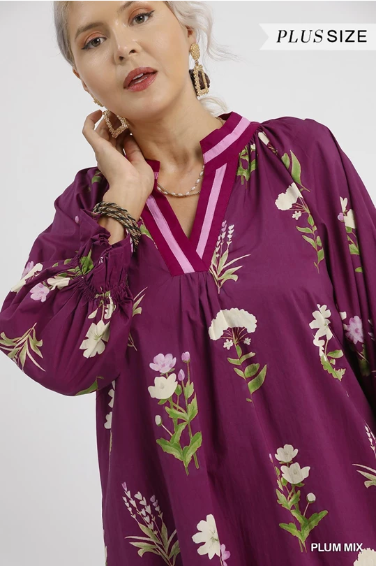 Janie Floral Tunic Dress: plum mix, purple floral cotton, long sleeves, v-neck, pink trim. Available in plus sizes.