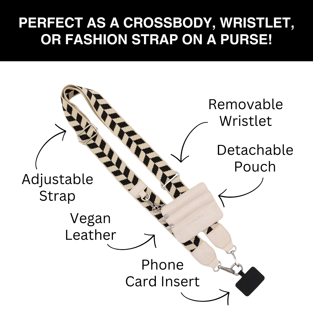 Cream and black chevron vegan leather phone crossbody with detachable pouch, wristlet, card insert, strap, chain. Sizes: S/M/L.