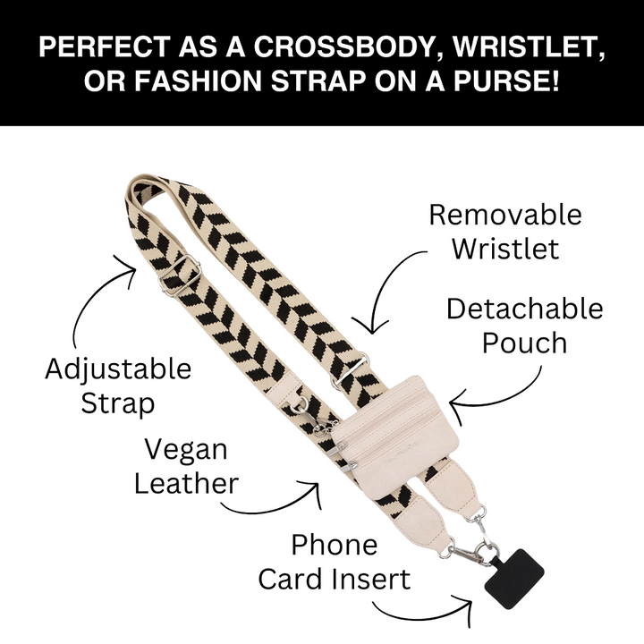 Cream and black chevron vegan leather phone crossbody with detachable pouch, wristlet, card insert, strap, chain. Sizes: S/M/L.