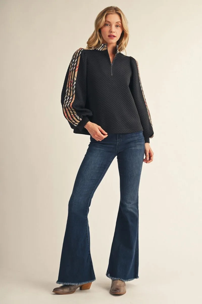 Black Long Sleeved Plaid Zip Up Top, available in sizes S-XL.