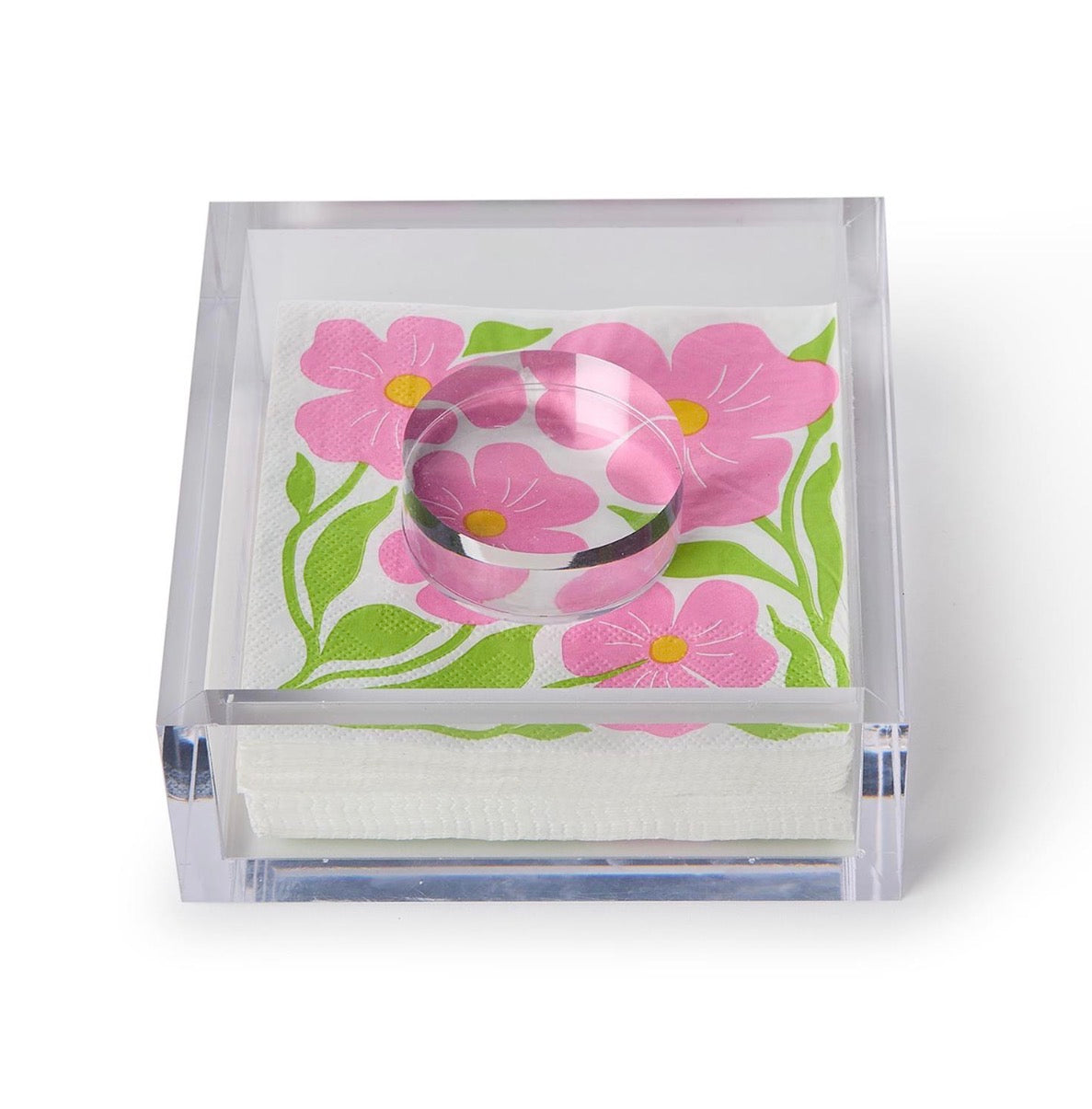 Acrylic Cocktail Napkin Holder with Paper Weight, shown holding floral napkins. Available in multiple sizes.