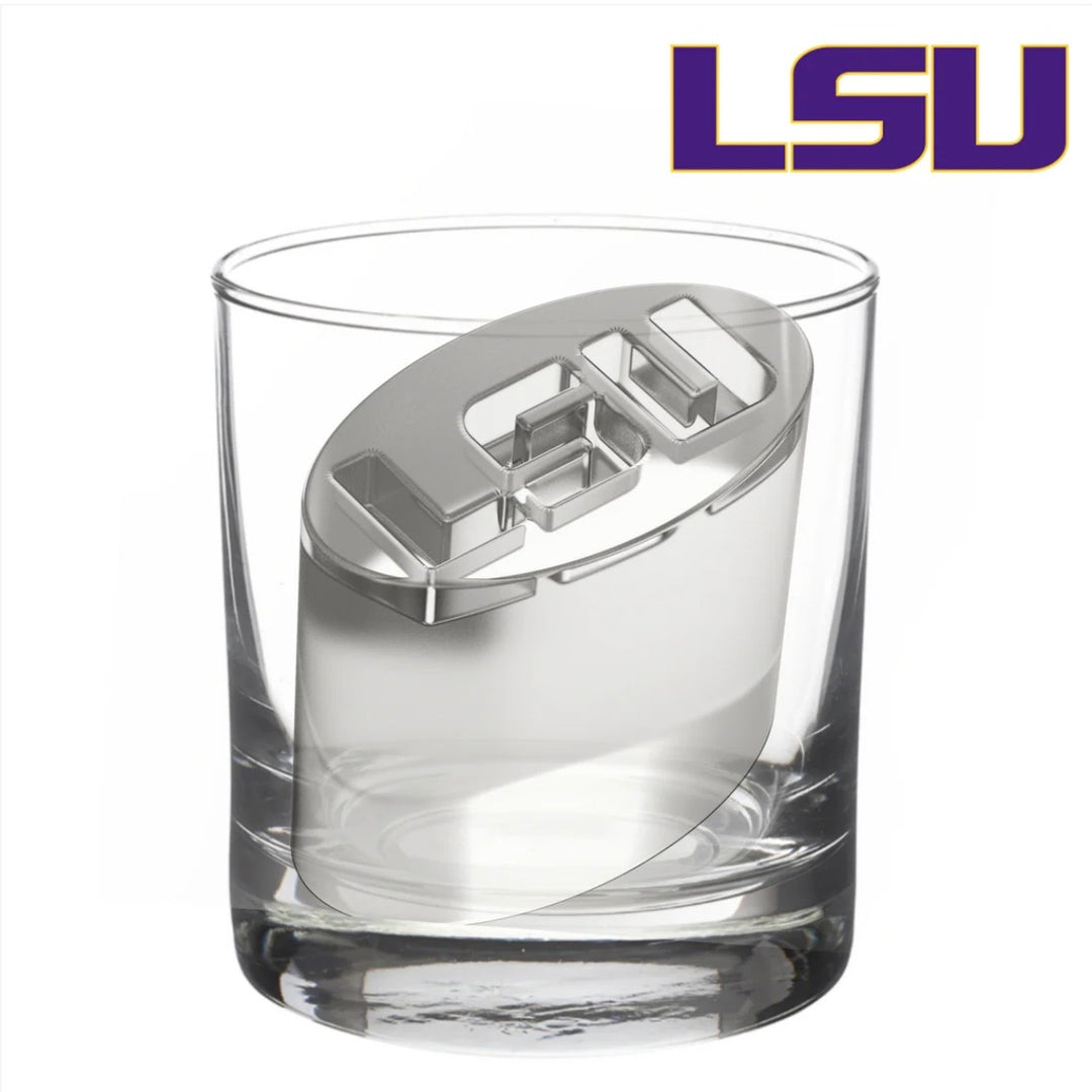 Ice cube in LSU logo shape made with Large University Ice Molds, available in multiple sizes.