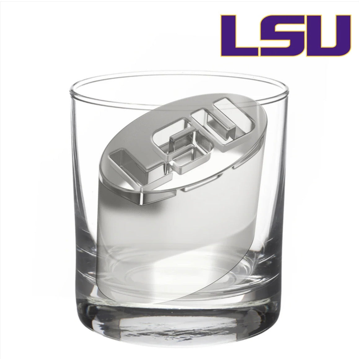 Ice cube in LSU logo shape made with Large University Ice Molds, available in multiple sizes.