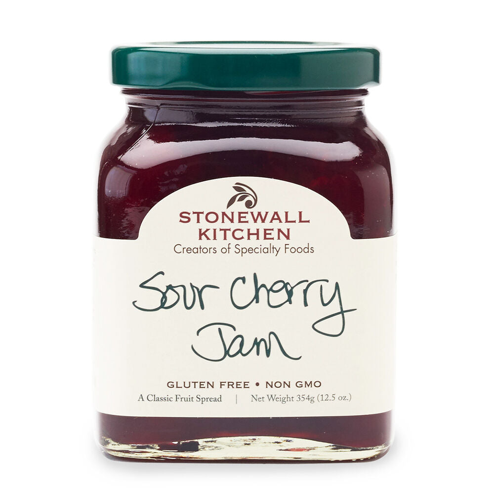 Sour Cherry Jam in 12.25oz glass jar with green lid; gluten free, non-GMO; sweet-tart preserves available in 347g size.