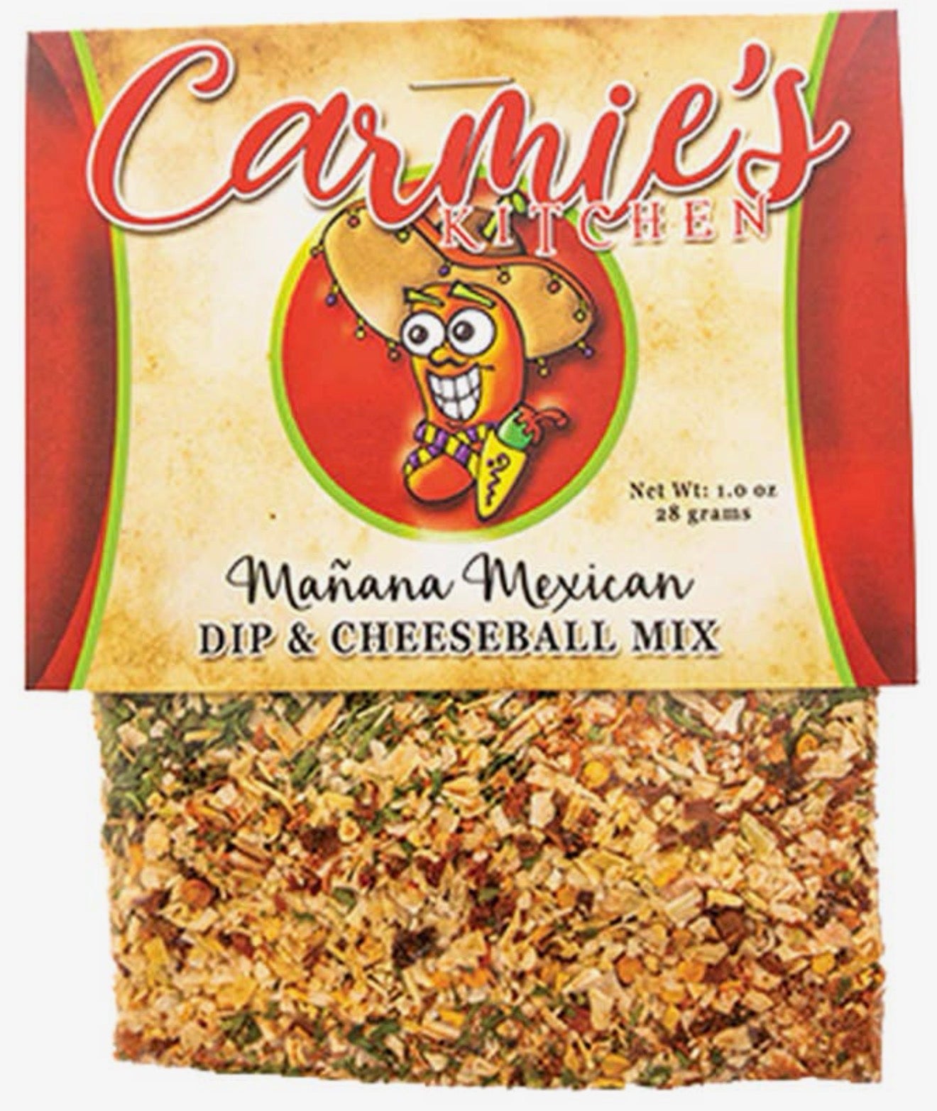 Carmie’s Dip Mix packet with chili pepper in sombrero on label; window shows colorful dried mix; available in various sizes.