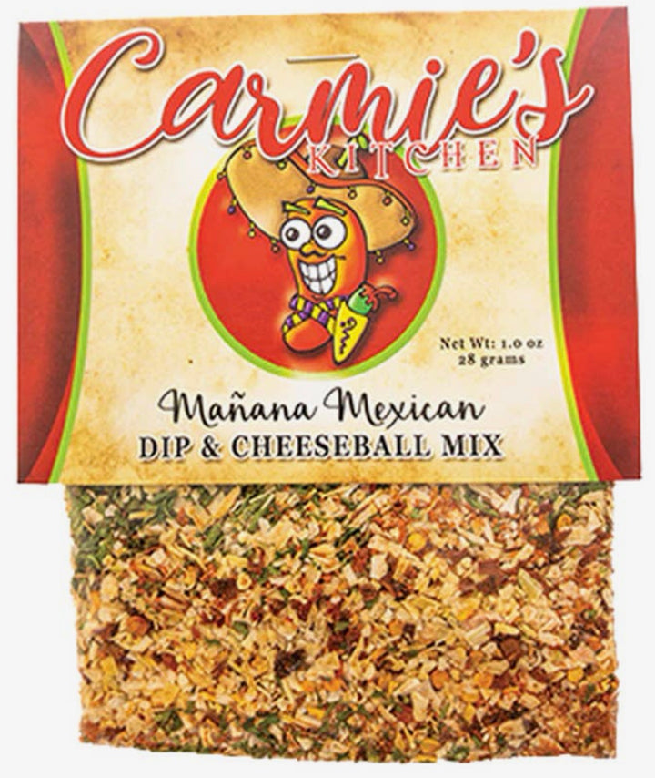 Carmie’s Dip Mix packet with chili pepper in sombrero on label; window shows colorful dried mix; available in various sizes.